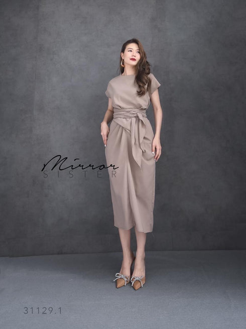 Women Classy Waist Tie Mid Length Back Slit Dresses